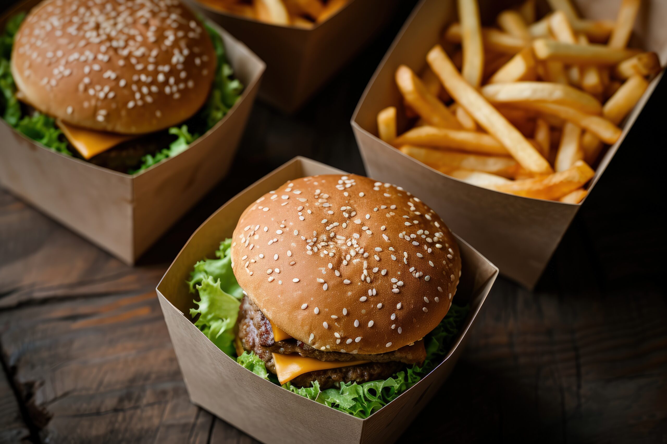 Three Boxes of Hamburgers and French Fries on a Table