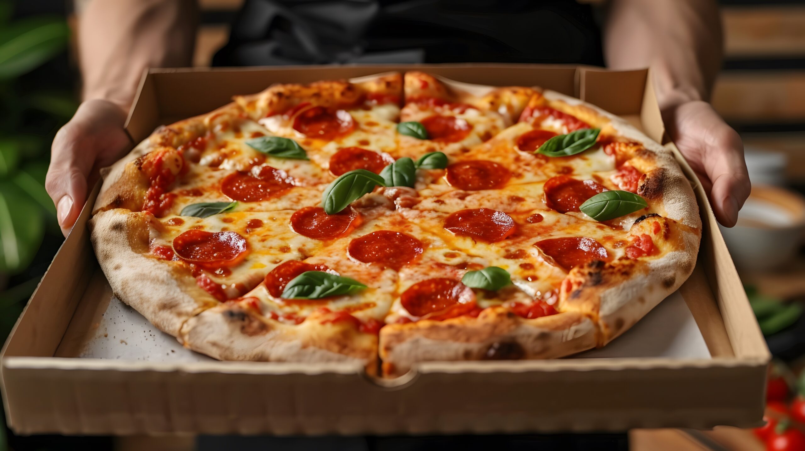 Casual young man holding an Italian pizza in a cardboard box, embodying fast food concept with space for text, great for advertising.